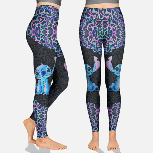 Stitch Leggings Holographic Leopard Stitch Pattern High Waisted Legging Black Blue For Women