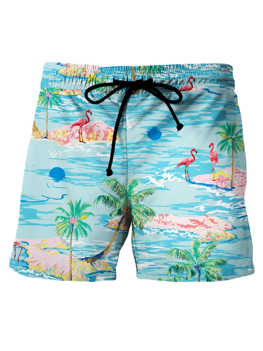 Flamingo Shorts Flamingo Tropical Islands Pattern Beach Shorts Blue