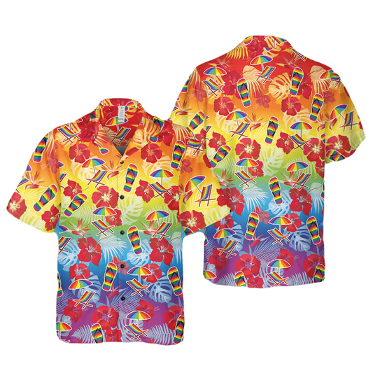 LGBT Hawaii Shirt Rainbow Slipper Umbrella Hibiscus Pattern Hawaiian Shirt Colorful Unisex