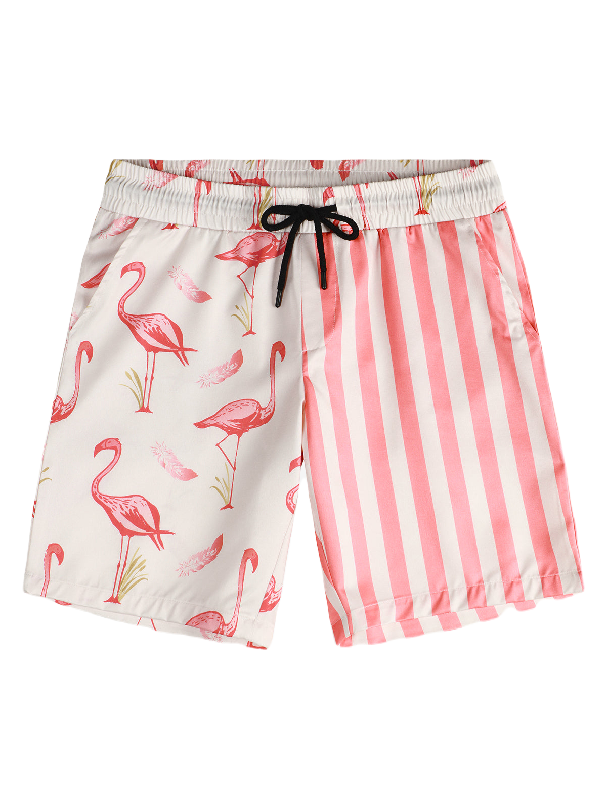 Flamingo Shorts Flamingo Feather Stripe Pattern Beach Shorts Pink White