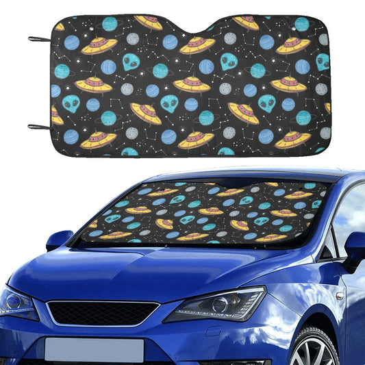 Alien Car Sun Shade UFO Alien And Planet Pattern Winshield Sun Shade Black Blue