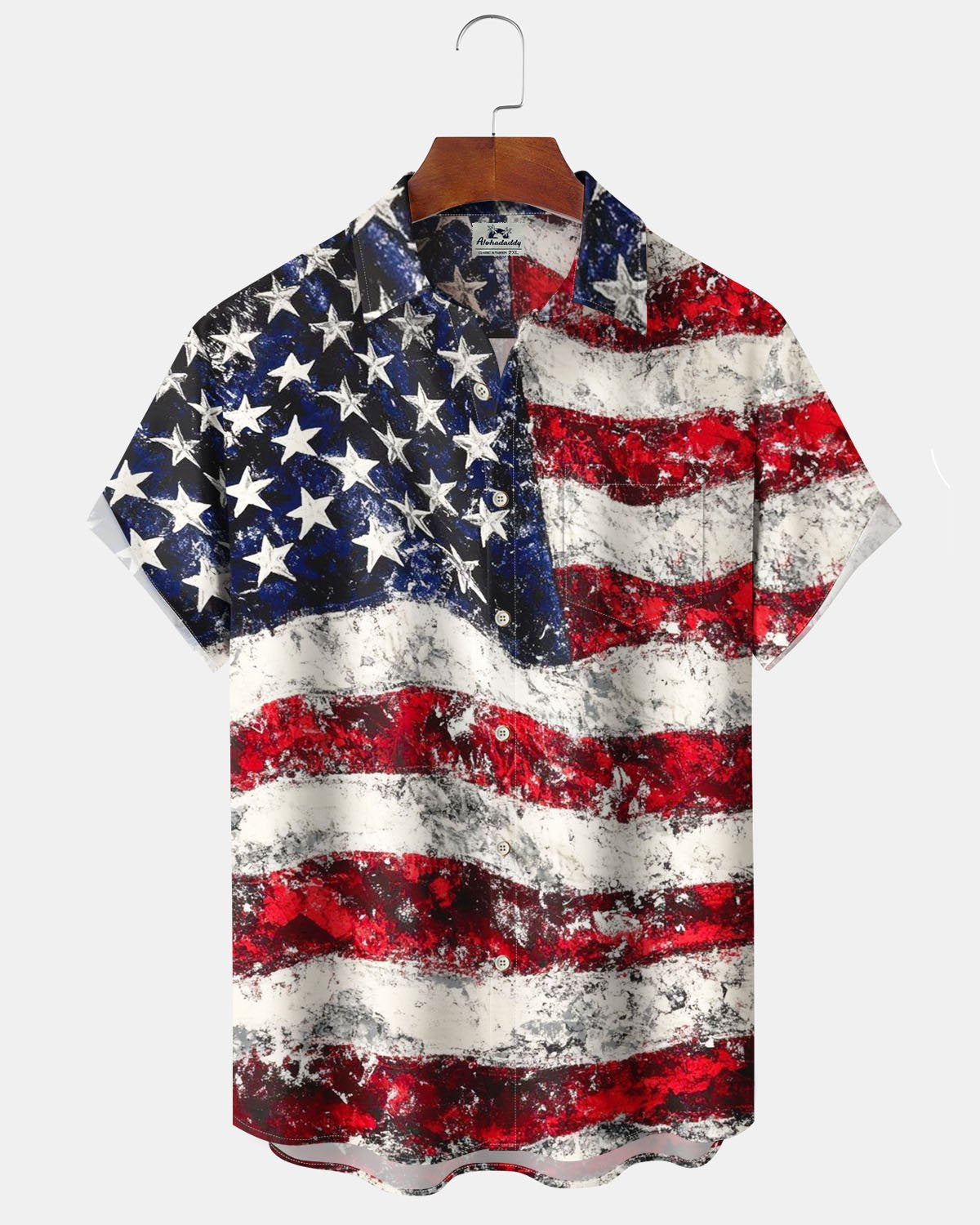 Alohadaddy® Vintage Oil Painting American Flag Print Art Button Pocket Men's Short Sleeve Shirt Big & Tall