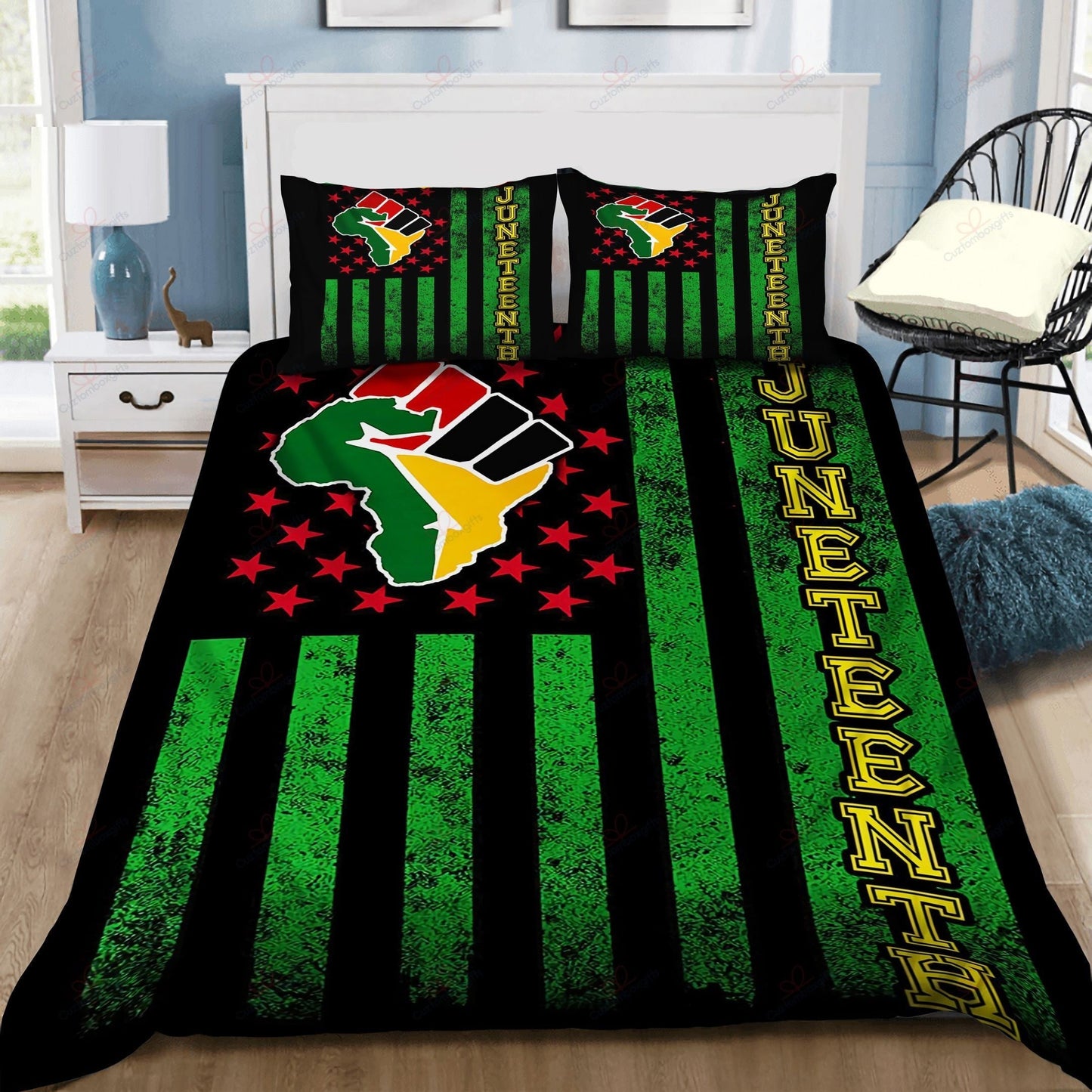 Juneteenth Bedding Set Juneteenth African American Flag Duvet Covers Black Green Unique Gift