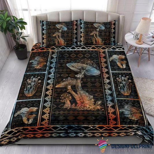 Mushroom Bedding Set Hippie Mushroom Tribal Pattern Duvet Covers Black Brown Unique Gift