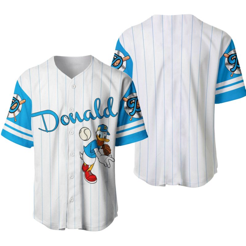 Disney Donald Duck Jersey Disney Character Donald Duck Catcher Player White Blue Jersey Shirt Disney Baseball Jersey Donald Duck Baseball Jersey