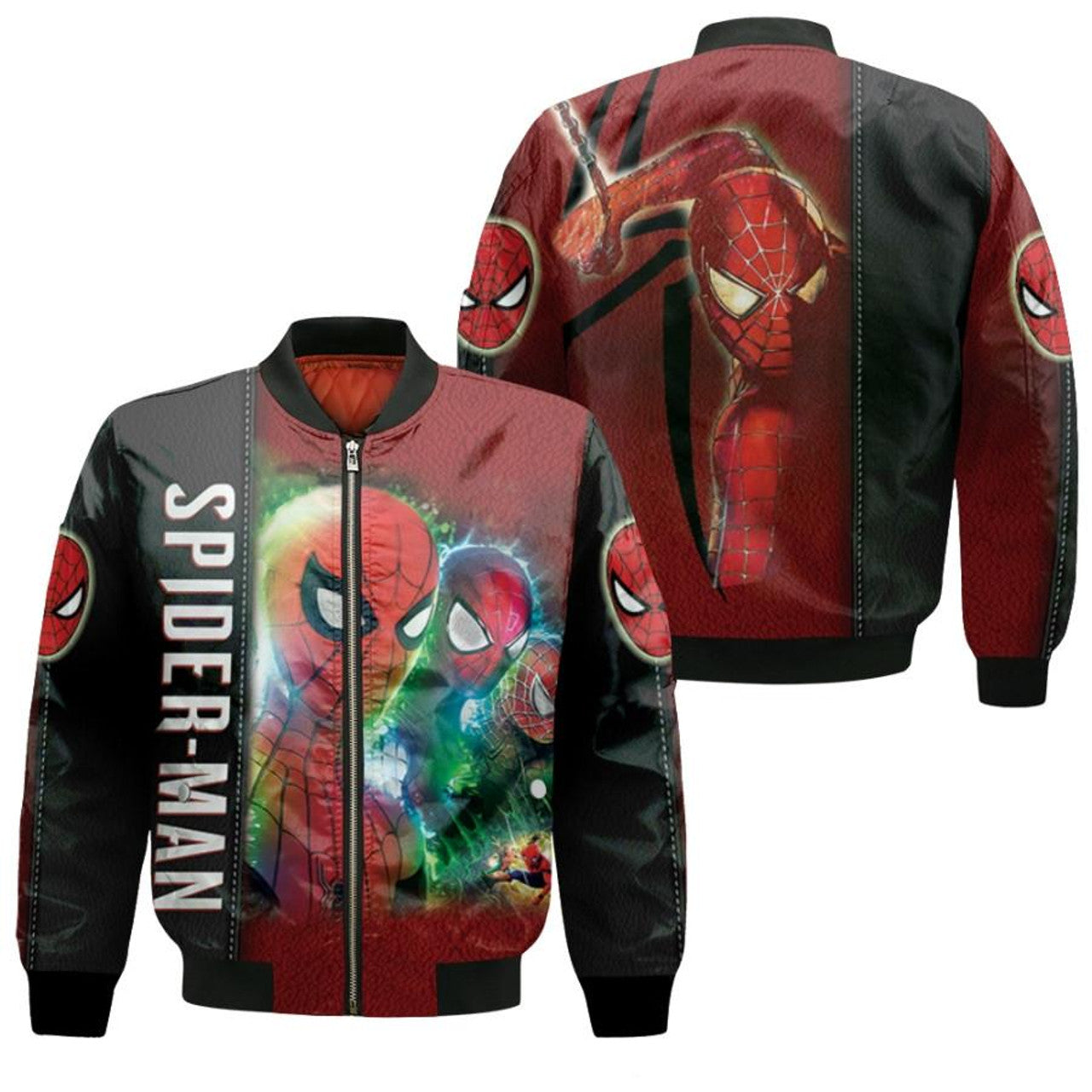 Spiderman Bomber Jacket Spiderman No Way Home Three Heroes Bomber Black Red Unisex