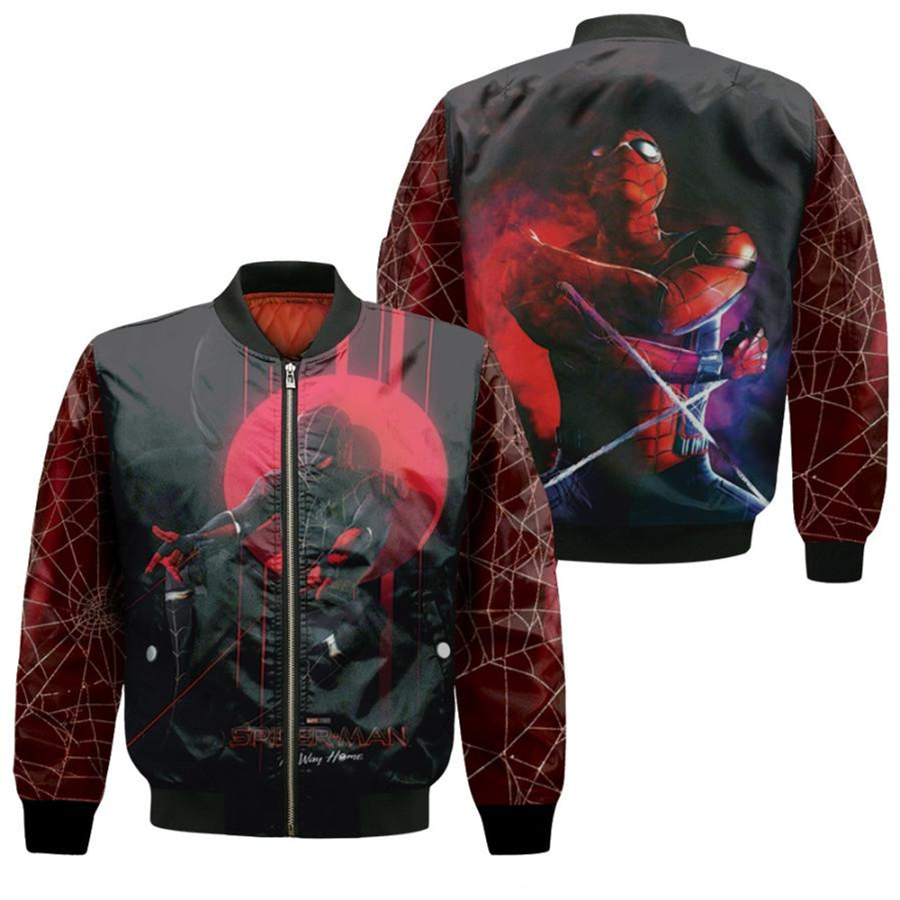 Spiderman Bomber Jacket Spiderman Hero In Actions Graphic Bomber Black Red Unisex