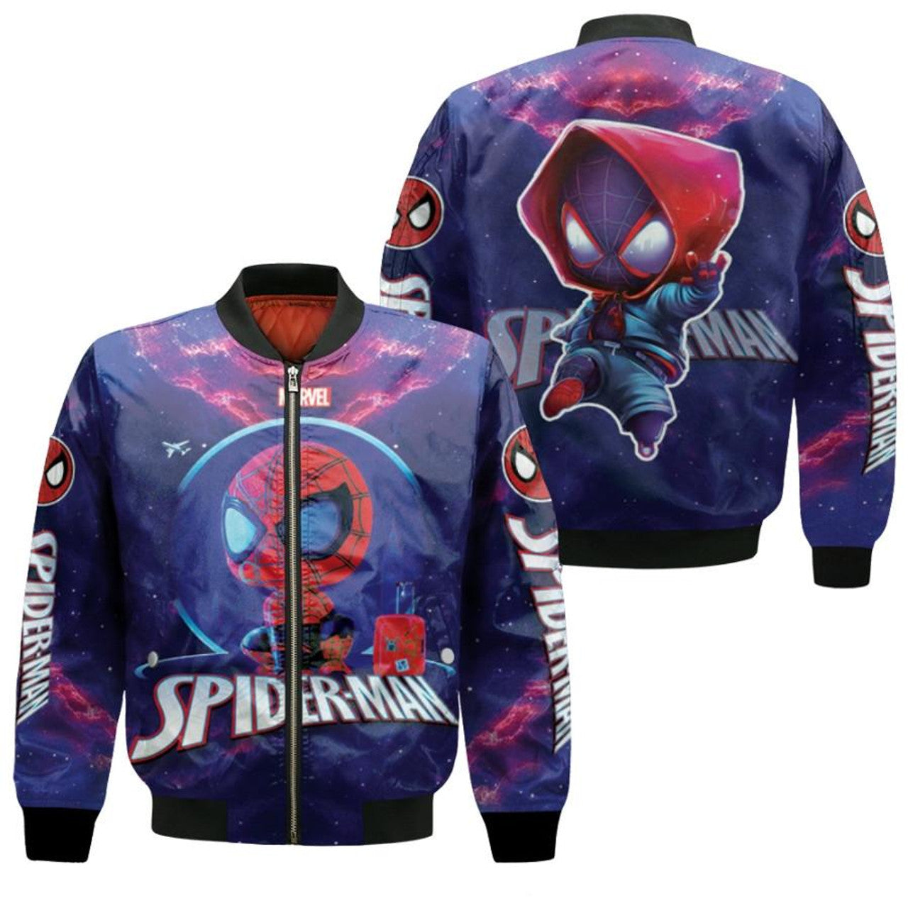 Spiderman Bomber Jacket Chibi Spiderman Graphic Galaxy Bomber Blue Red Unisex