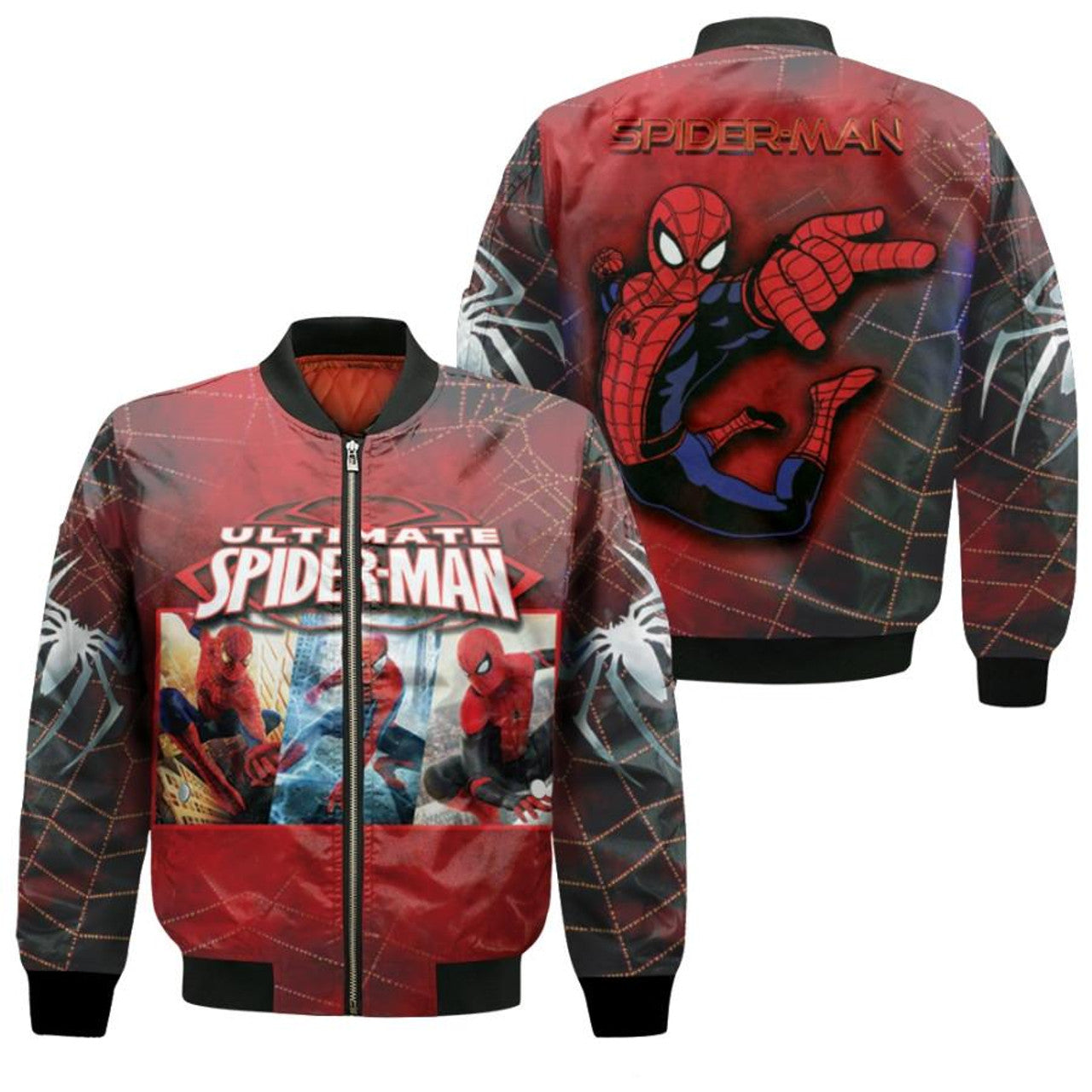 Spiderman Bomber Jacket Ultimate Spiderman Heroes Graphic Bomber Black Red Unisex