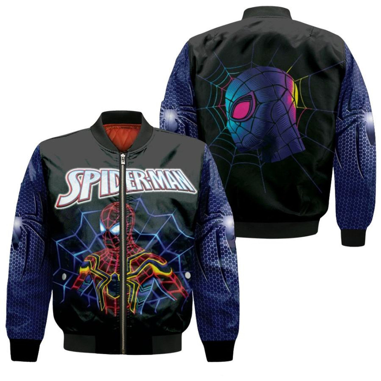 Spiderman Bomber Jacket Spiderman Retro Spider Sense Bomber Black Blue Unisex