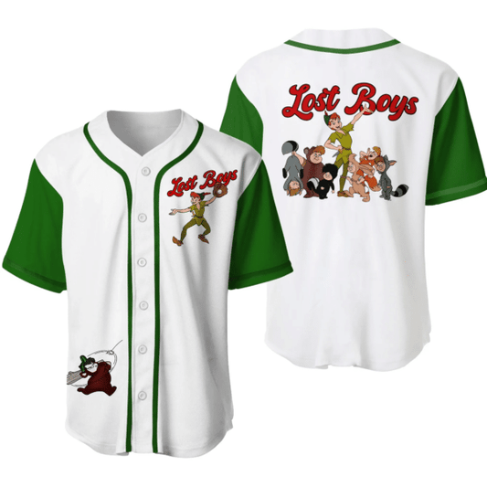 Disney Peter Pan Jersey Disney Character Peter Pan The Lost Boys Graphic White Green Jersey Shirt Disney Peter Pan Baseball Jersey