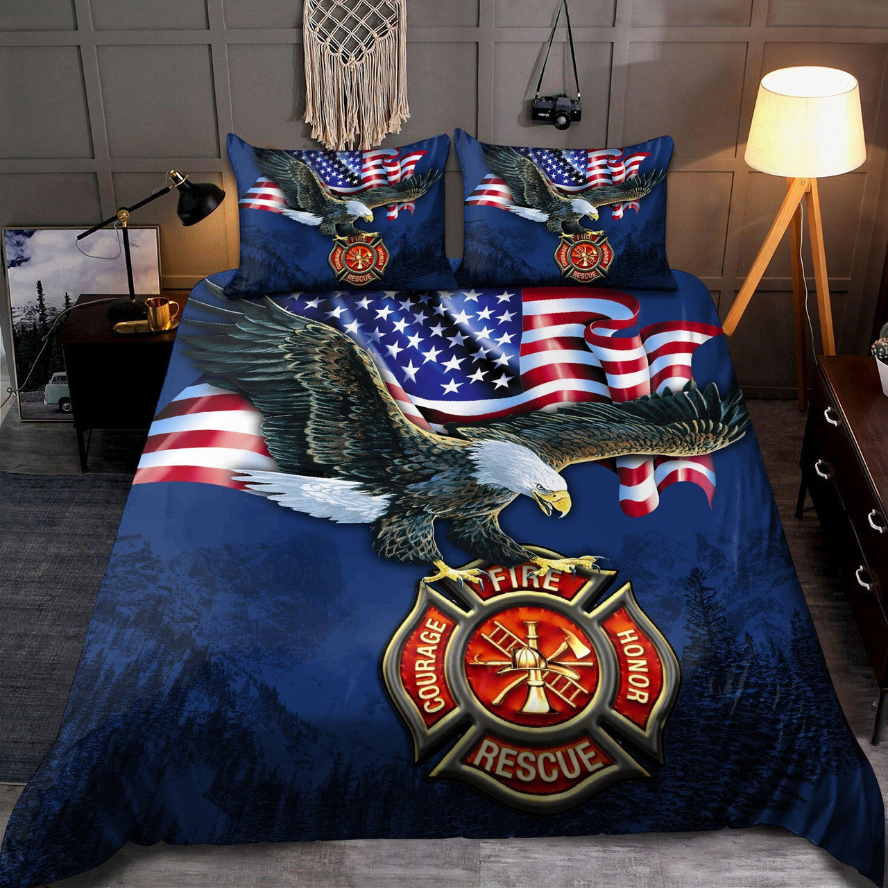 Firefighter Bedding Set Eagle Firefighter American Flag Duvet Covers Blue Unique Gift