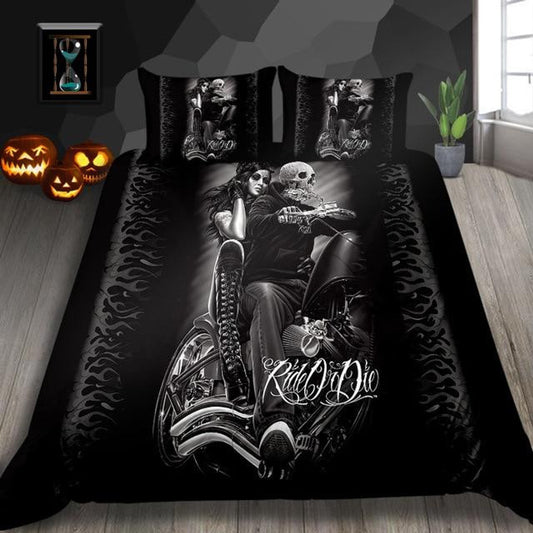 Motorcycle Bedding Set Skull Ride Or Die Motorbike Duvet Covers Black Unique Gift