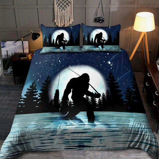 Bigfoot Bedding Set Bigfoot Night Fishing Under Moon Light Duvet Covers Blue Unique Gift