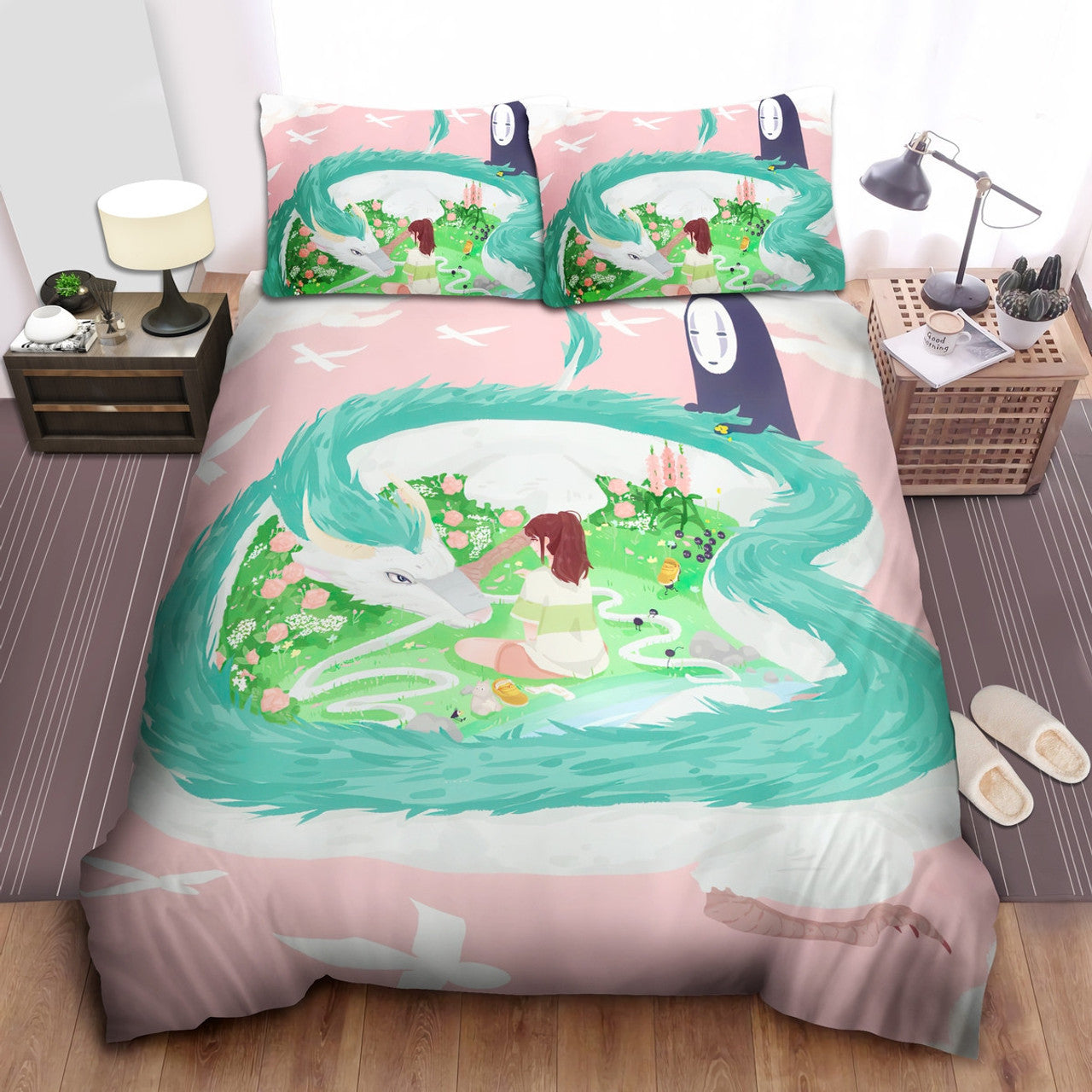 SGhibli Bedding Set Haku Chihiro And No-Face In The Spirit Realm Duvet Covers Colorful Unique Gift