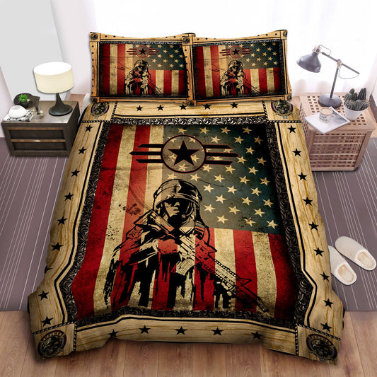 Veteran Bedding Set US Army American Flag Soldier Wooden Pattern Duvet Covers Brown Unique Gift