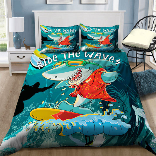 Shark Bedding Set Surfing Shark Ride The Waves Duvet Covers Colorful Unique Gift