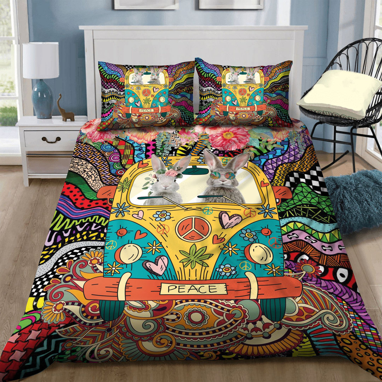 Hippie Bedding Set Rabbit Hippie On Peace Van Duvet Covers Colorful Unique Gift