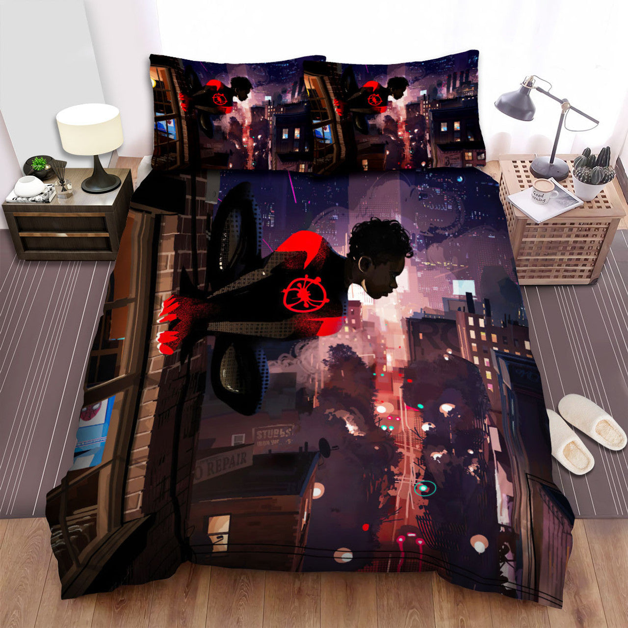 Spiderman Bedding Set MV Miles Morales Spiderman On A Wall Duvet Covers Black Unique Gift