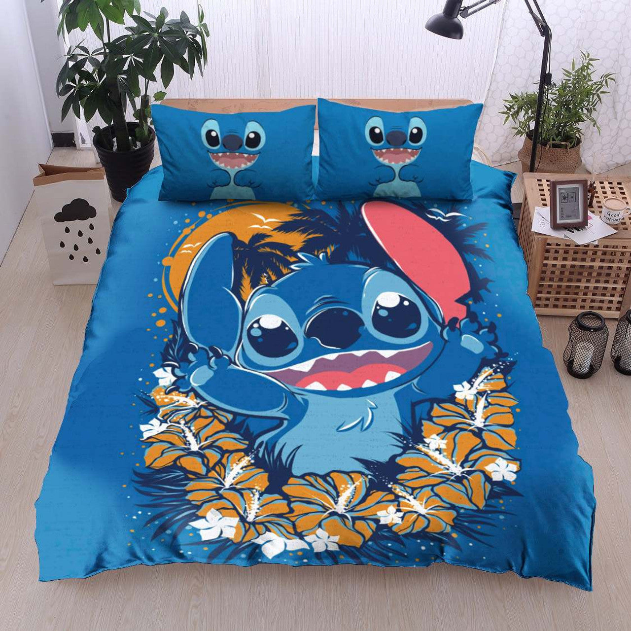 Stitch Bedding Set DN Stitch Hibiscus Flower And Moon Duvet Covers Blue Unique Gift