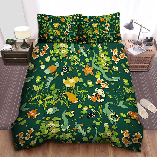 PKM Bedding Set Water PKM Psyduck Goldeen Pattern Duvet Covers Green Unique Gift