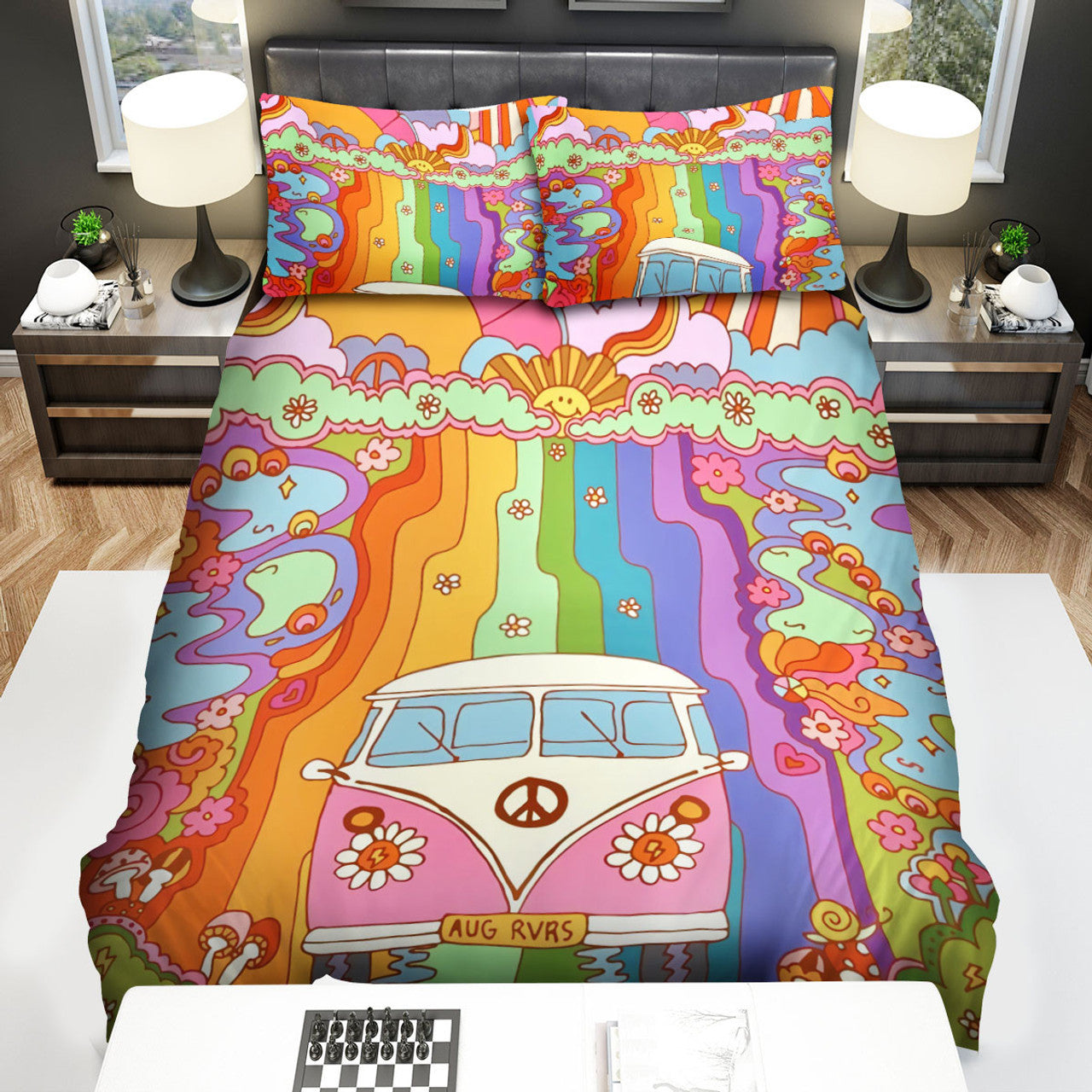 Hippie Bedding Set Hippie Van With Rainbow Road Duvet Covers Colorful Unique Gift