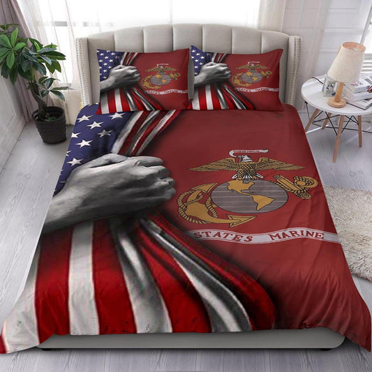 Veteran Bedding Set US Marine Corps Symbol American Flag Duvet Covers Red Unique Gift