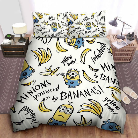 Minions Bedding Set Minions Powered By Bananas Pattern Duvet Covers White Yellow Unique Gift