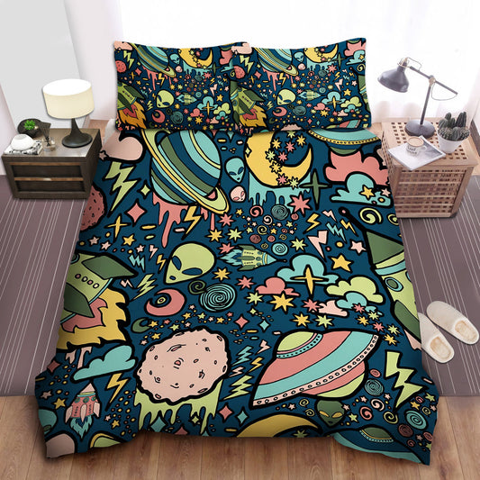 UFO Bedding Set UFO Alien Planets Pattern Duvet Covers Colorful Unique Gift