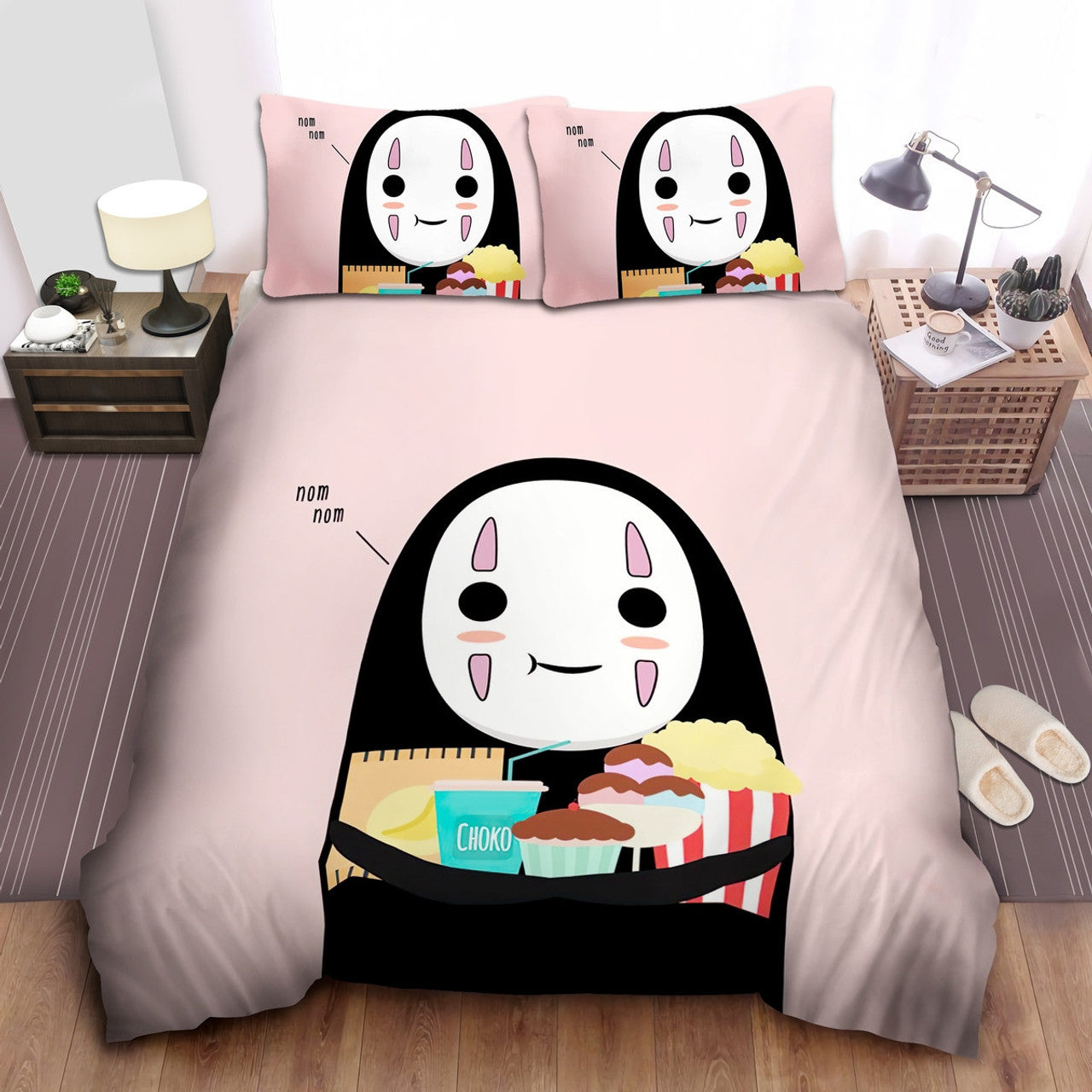 SGhibli Bedding Set Spirited Away No-Face With Junk Food Duvet Covers Pink Unique Gift