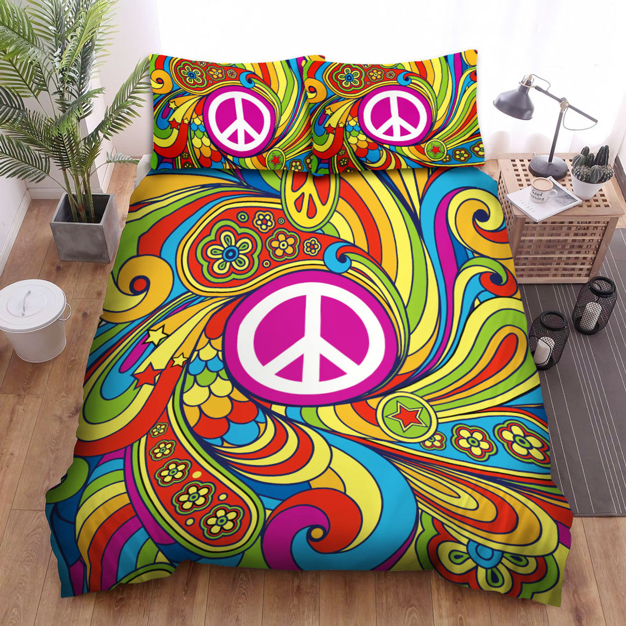 Hippie Bedding Set Hippie Peace Icon Flower Pattern Duvet Covers Colorful Unique Gift