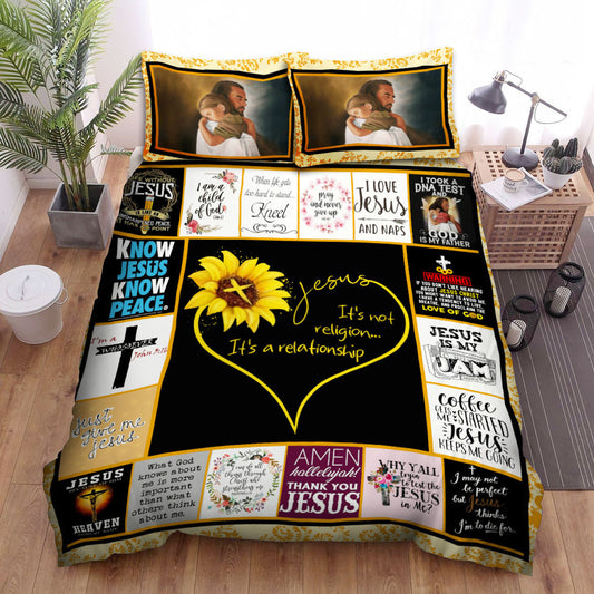 Jesus Bedding Set It's Not Religion It's A Relationship Duvet Covers Black Yellow Unique Gift