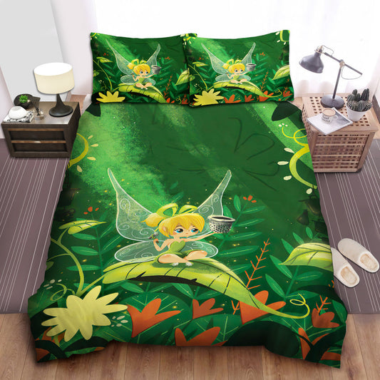 Tinker Bell Bedding Set DN Chibi Tinker Bell Sitting On The Leaf Duvet Covers Green Unique Gift