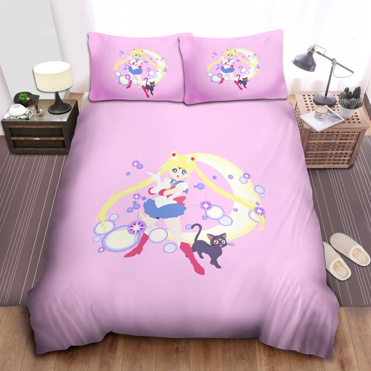 Sailor Moon Bedding Set Sailor Moon Casting Spell And Black Cat Duvet Covers Pink Unique Gift