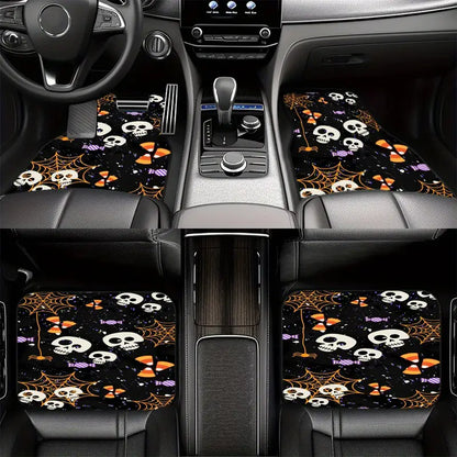 Halloween Car Mats Halloween Skull Spider Web Candies Pattern Car Floor Mats Black Orange