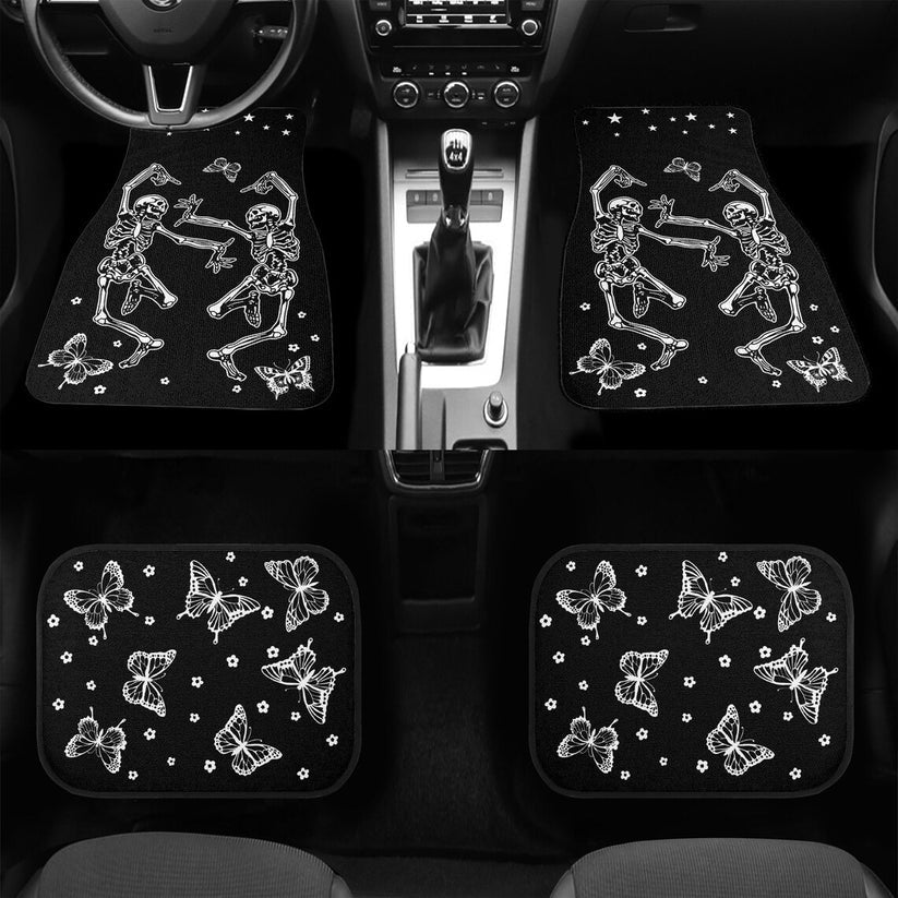 Halloween Car Mats Halloween Dancing Skeleton Butterlies Car Floor Mats Black White