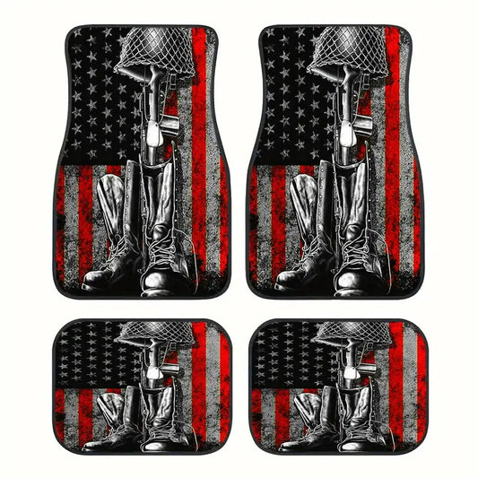 Veteran Car Mats American Flag And Soldier Boot Car Floor Mats Gray Red