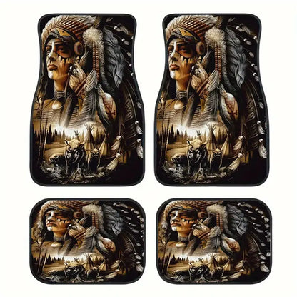 Native American Car Mats Retro Tribal Chef And Wolf Graphic Car Floor Mats Gray Brown