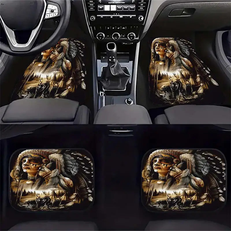 Native American Car Mats Retro Tribal Chef And Wolf Graphic Car Floor Mats Gray Brown