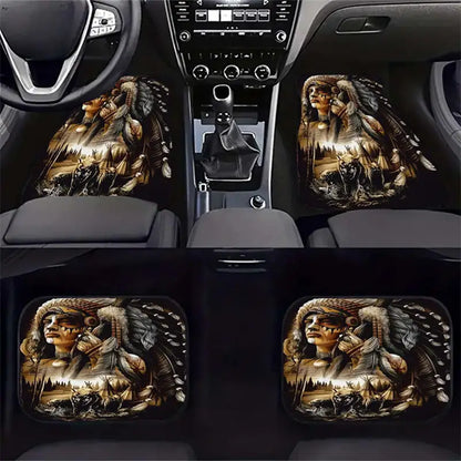 Native American Car Mats Retro Tribal Chef And Wolf Graphic Car Floor Mats Gray Brown