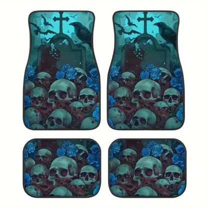 Halloween Car Mats Halloween Skull And Raven Graphic Car Floor Mats Blue