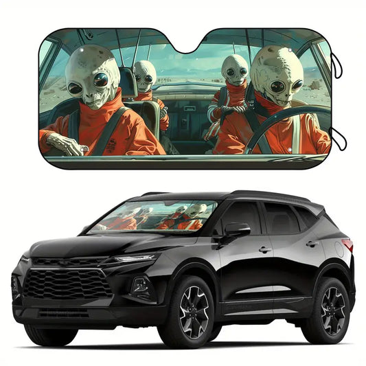 Alien Car Sun Shade Aliens Driving In The Car Winshield Sun Shade White Orange