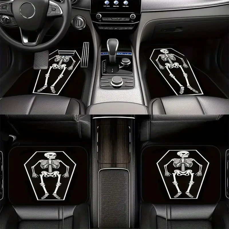 Halloween Car Mats Spooky Halloween Skeleton Inside Coffin Car Floor Mats Black White