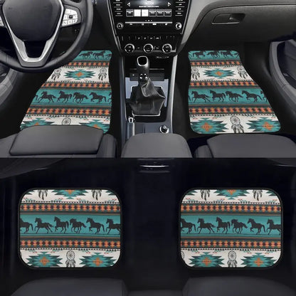 Native American Car Mats Running Horse Dreamcatchers Tribal Pattern Car Floor Mats White Blue