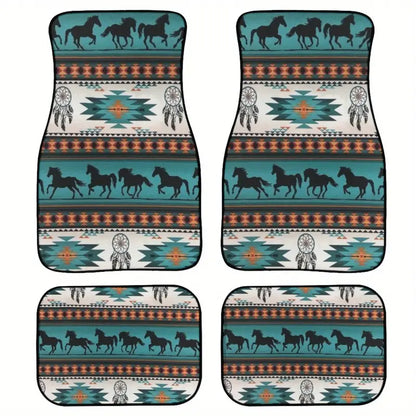 Native American Car Mats Running Horse Dreamcatchers Tribal Pattern Car Floor Mats White Blue