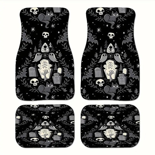 Halloween Car Mats Halloween Spooky Graveyard Ghost Pattern Car Floor Mats Black Gray