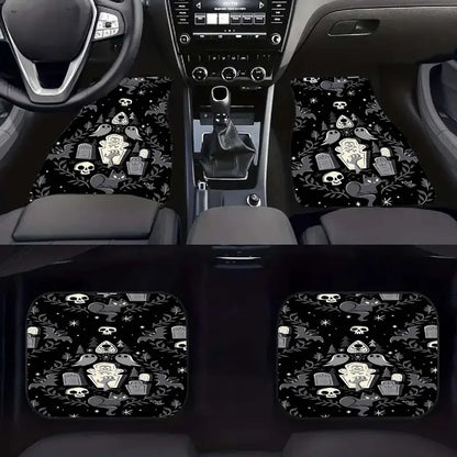 Halloween Car Mats Halloween Spooky Graveyard Ghost Pattern Car Floor Mats Black Gray