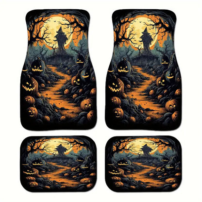 Halloween Car Mats Halloween Witch And Pumpkin Under Moonlight Car Floor Mats Black Orange