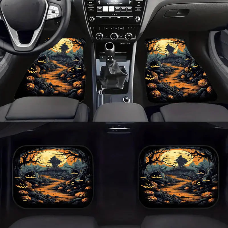 Halloween Car Mats Halloween Witch And Pumpkin Under Moonlight Car Floor Mats Black Orange