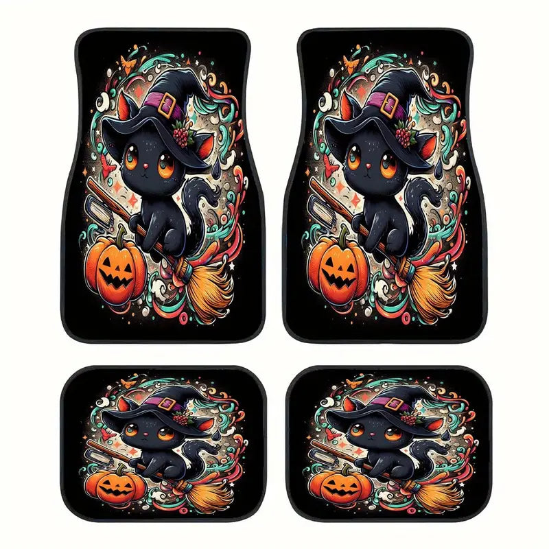 Halloween Car Mats Halloween Cute Witch Cat Flying On Broom Car Floor Mats Black Orange